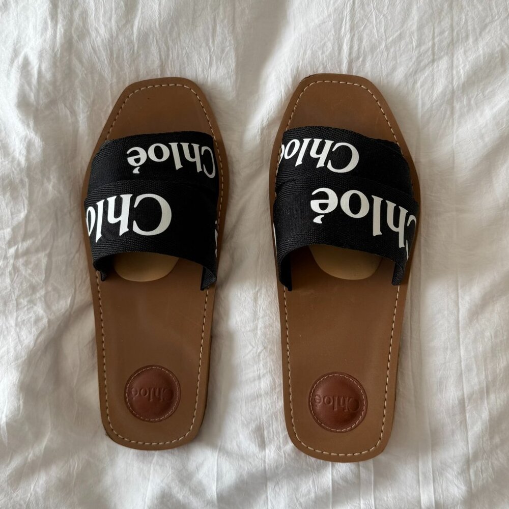 Chloe Woody Flat Sandals - Black